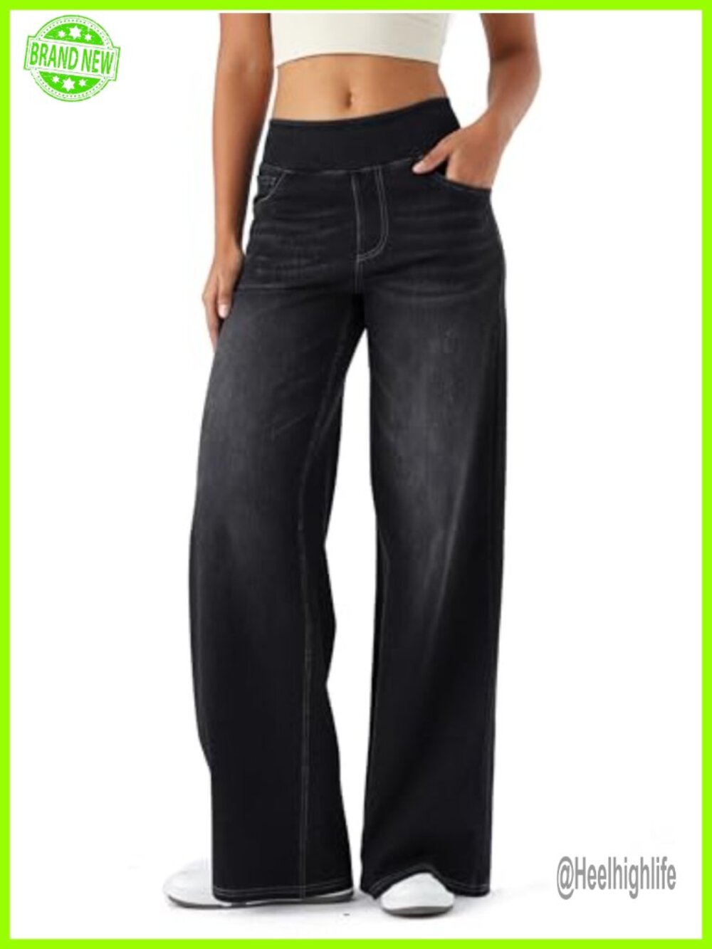 High Waisted Wide Leg Denim Yoga Pants with Pockets